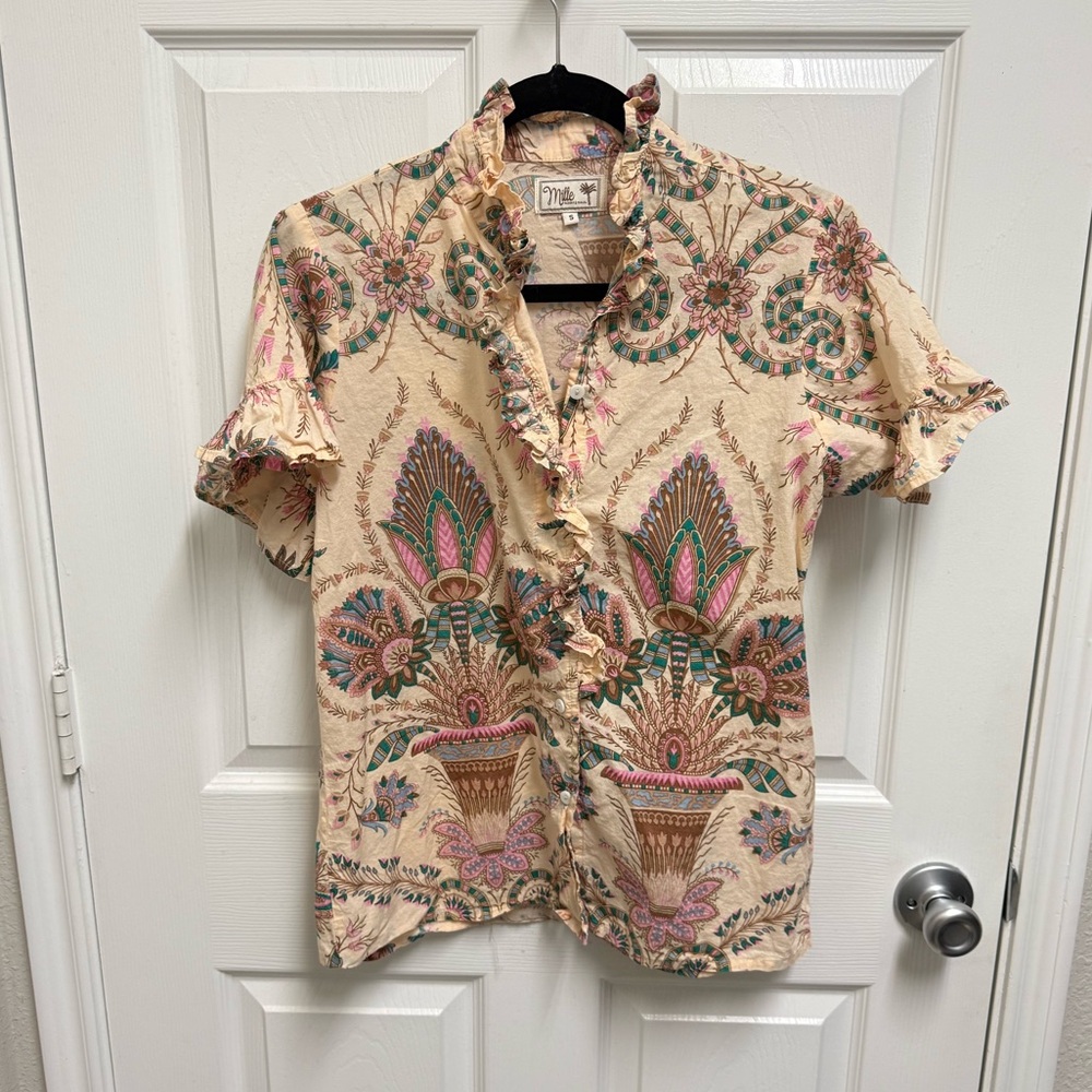 Mille Resort & Travel Pattern Button Down Ruffle Blouse